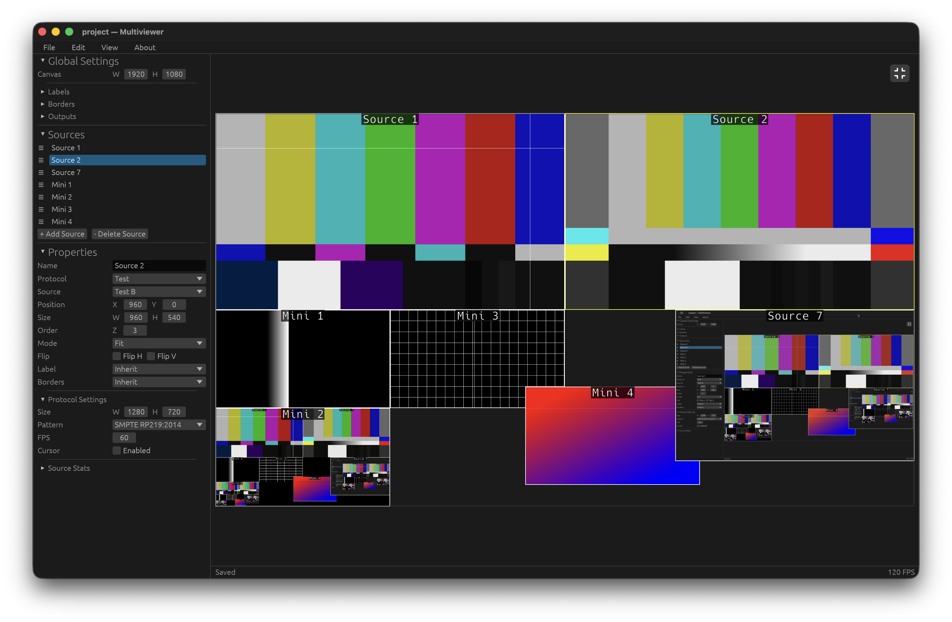 The Multiviewer canvas with several video sources arranged into a grid